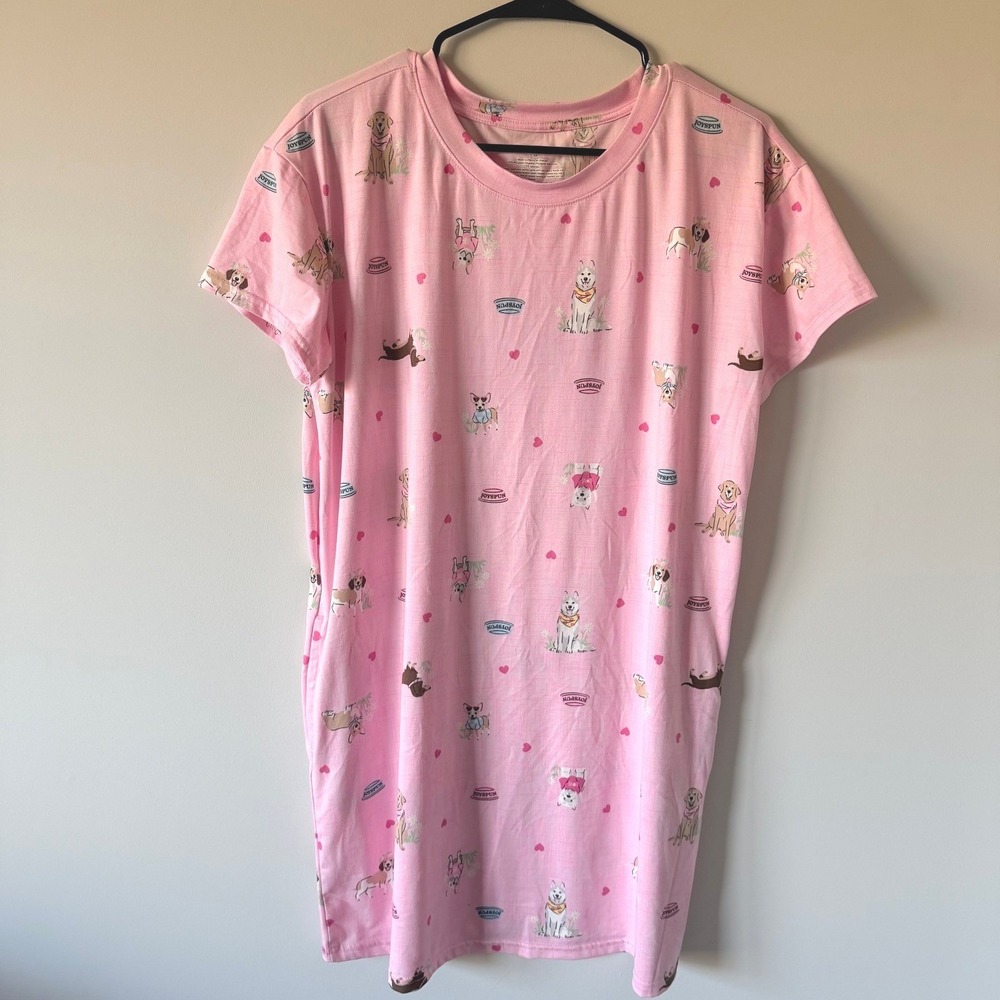 Joyspun Pink Dog Print Sleep Dress Nightgown Pockets Womens Size S/M Heart Daisy